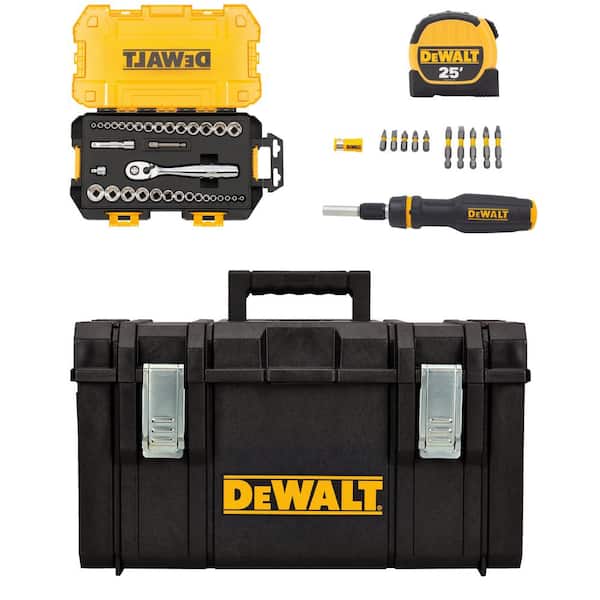 DEWALT 1/4 in. and 3/8 in. Drive Socket Set (34-Piece), Ratcheting Screwdriver, 25 ft. Tape Measure, and 22 in. Medium Tool Box