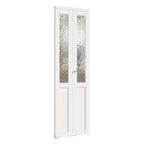 24 in. x 80 in. 1/2 Lite Tempered Kasumi Ripple Glass Solid Core White Finished Glass Closet Bifold Door with Hardware