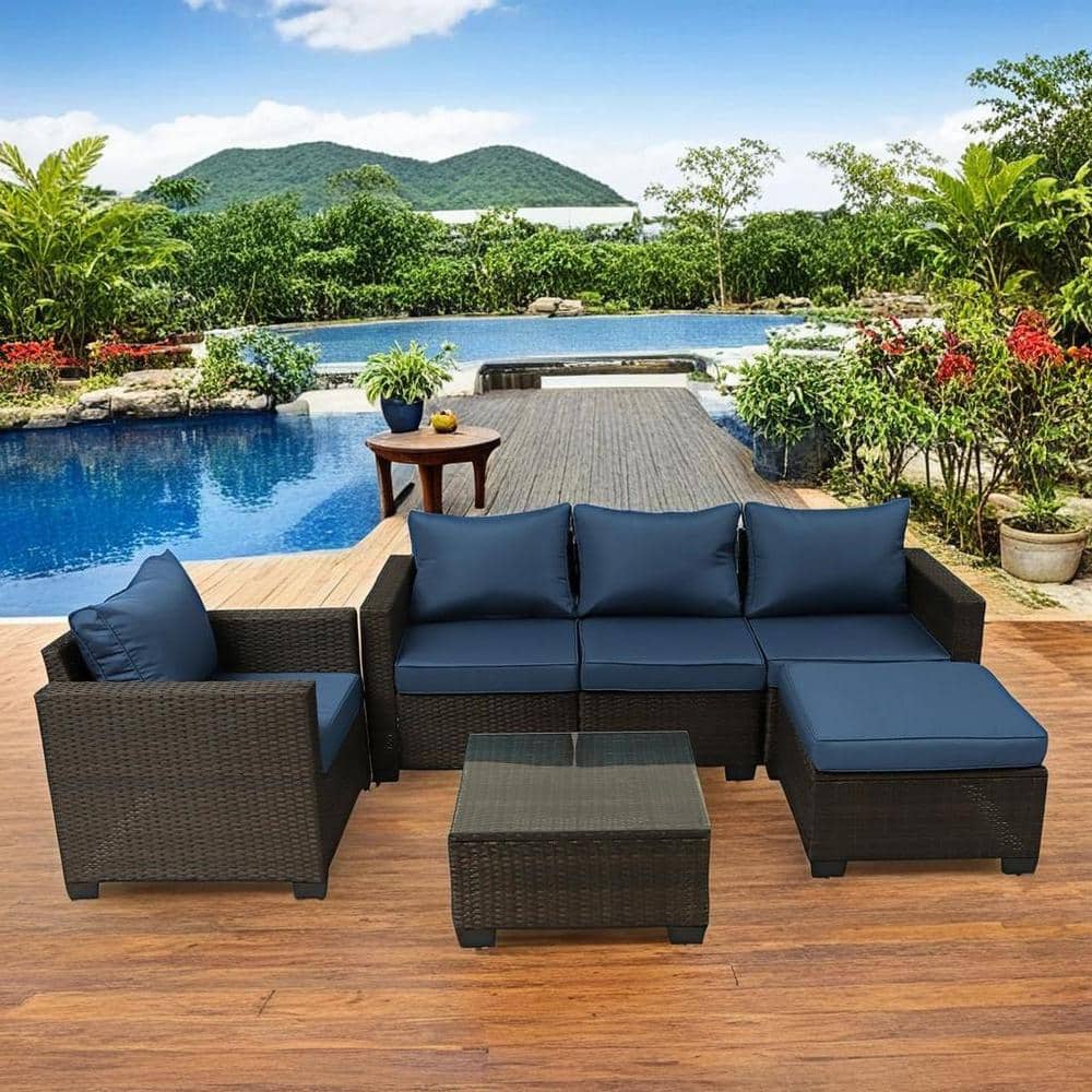 6-Piece Brown Wicker Outdoor Sectional Sofa Set with Dark Blue Cushion