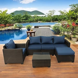6-Piece Brown Wicker Outdoor Sectional Sofa Set with Dark Blue Cushion