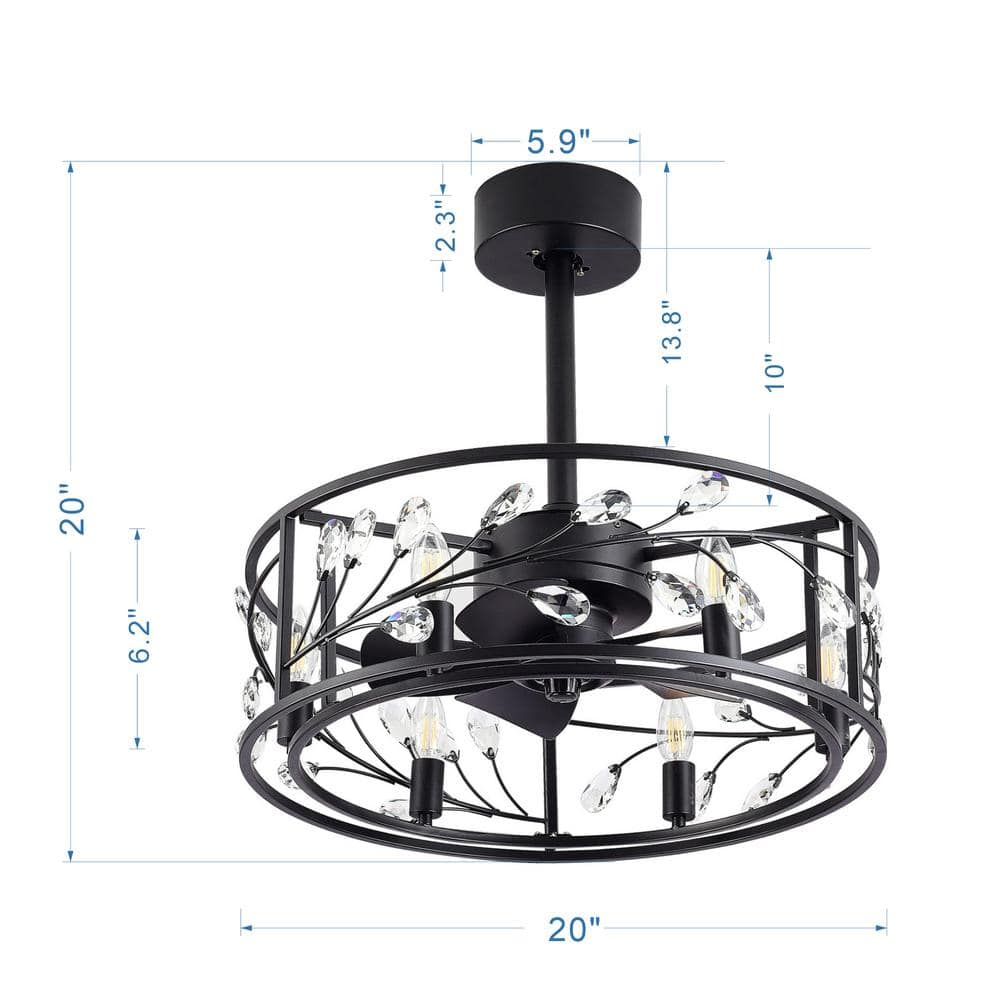 20'' Black Crystal Caged Ceiling Fan with Light and Remote