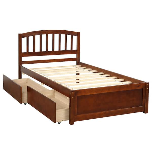 aisword 79.5 in. W Twin Platform Storage Bed Wood Bed Frame with Two Drawers and Headboard - Walnut