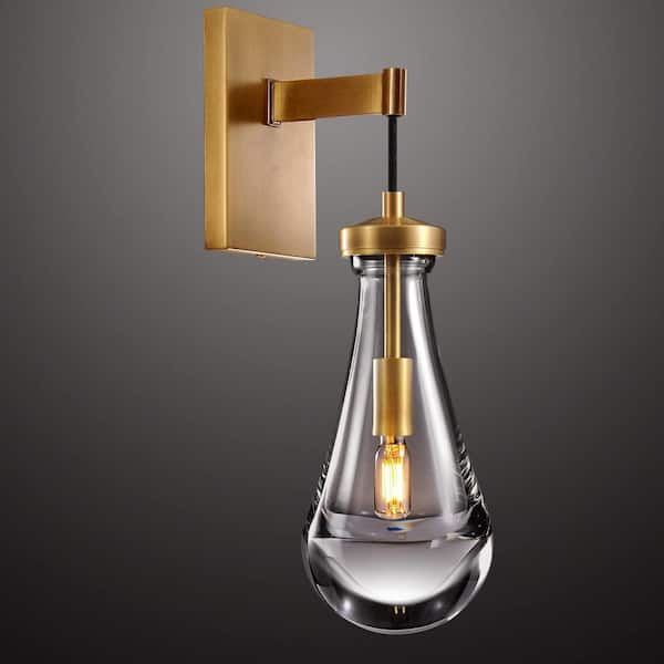 5 in. 1 Light Brass Raindrop Wall Sconce, Modern Dimmable Glass Shade Wall Lamp, for Bathroom, Hallway, Bedroom, Kitchen