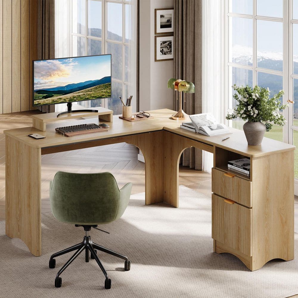 55 in. Natural Wood L-Shaped Home Office Desk with Monitor Stand, File Drawer, Open Cubby Storage and Fluted Design