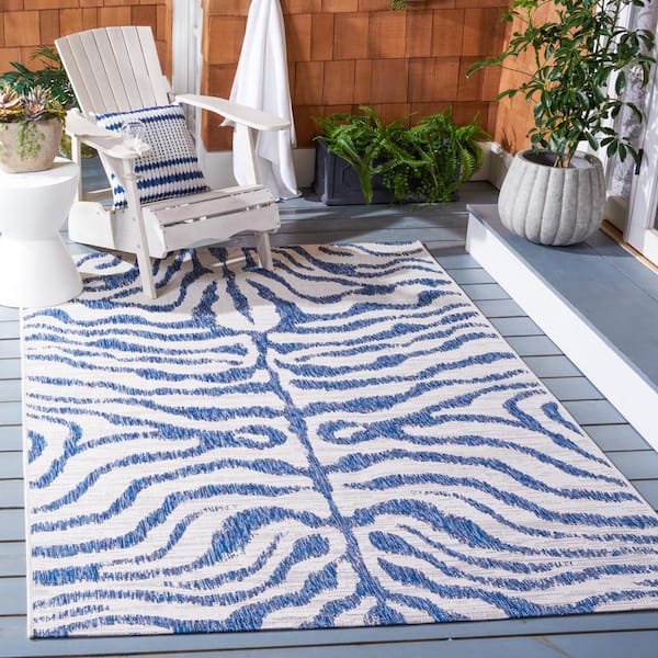 Courtyard Ivory/Navy Doormat 2 ft. x 4 ft. Zebra Indoor/Outdoor Area Rug