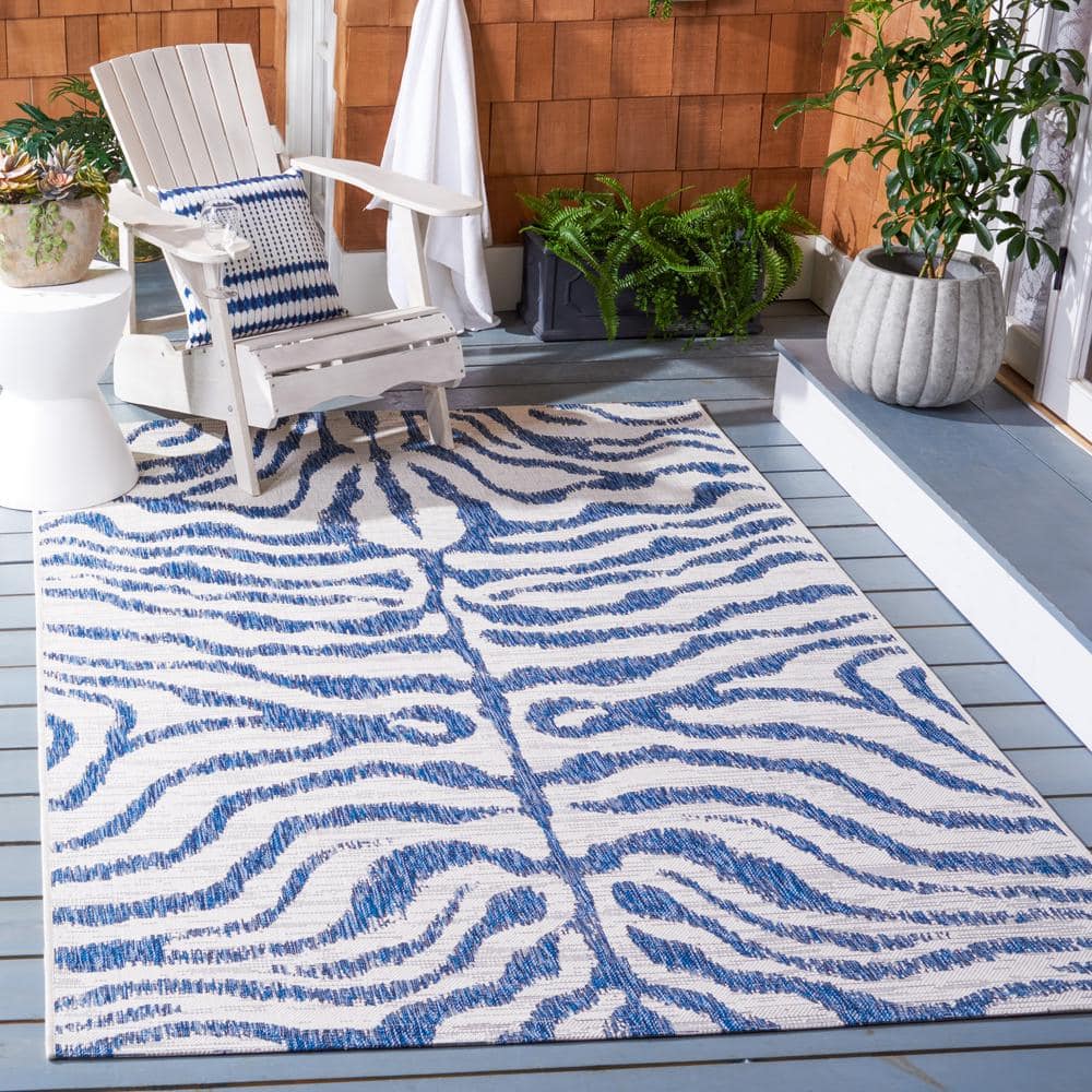 Ivory and Navy Square Stain-Resistant Cotton Outdoor Rug