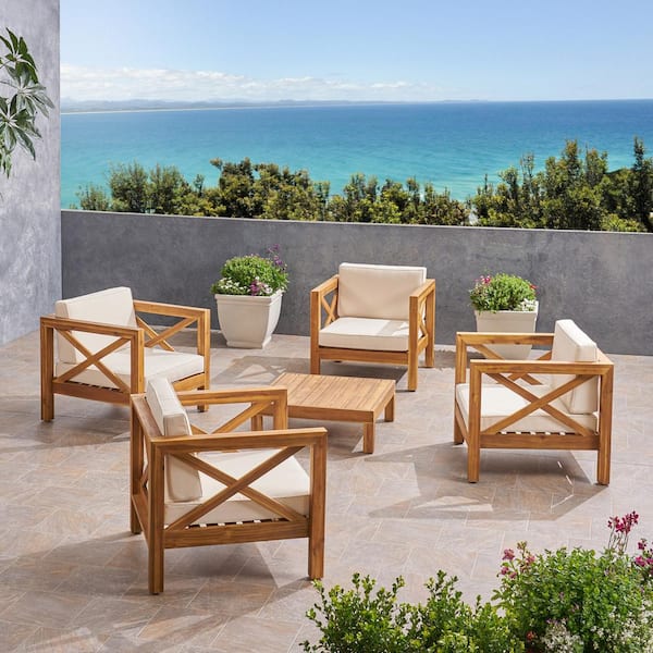 Noble House Brava Teak Brown 5-Piece Wood Outdoor Patio Conversation Seating Set with Beige Cushions
