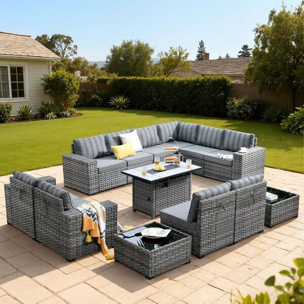 Baldwin Gray 13-Piece Wicker Wide Arm Outdoor Patio Sectional Set with Rectangular Fire Pit and Gray Striped Cushions