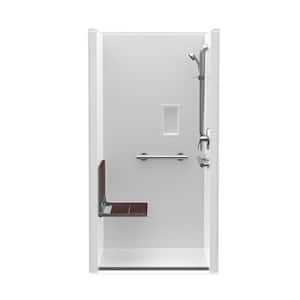 Trench Drain 36 in. x 36 in. x 76-3/4 in. Shower Stall Left Walnut Seat with Grab Bars and Shower Valve in White