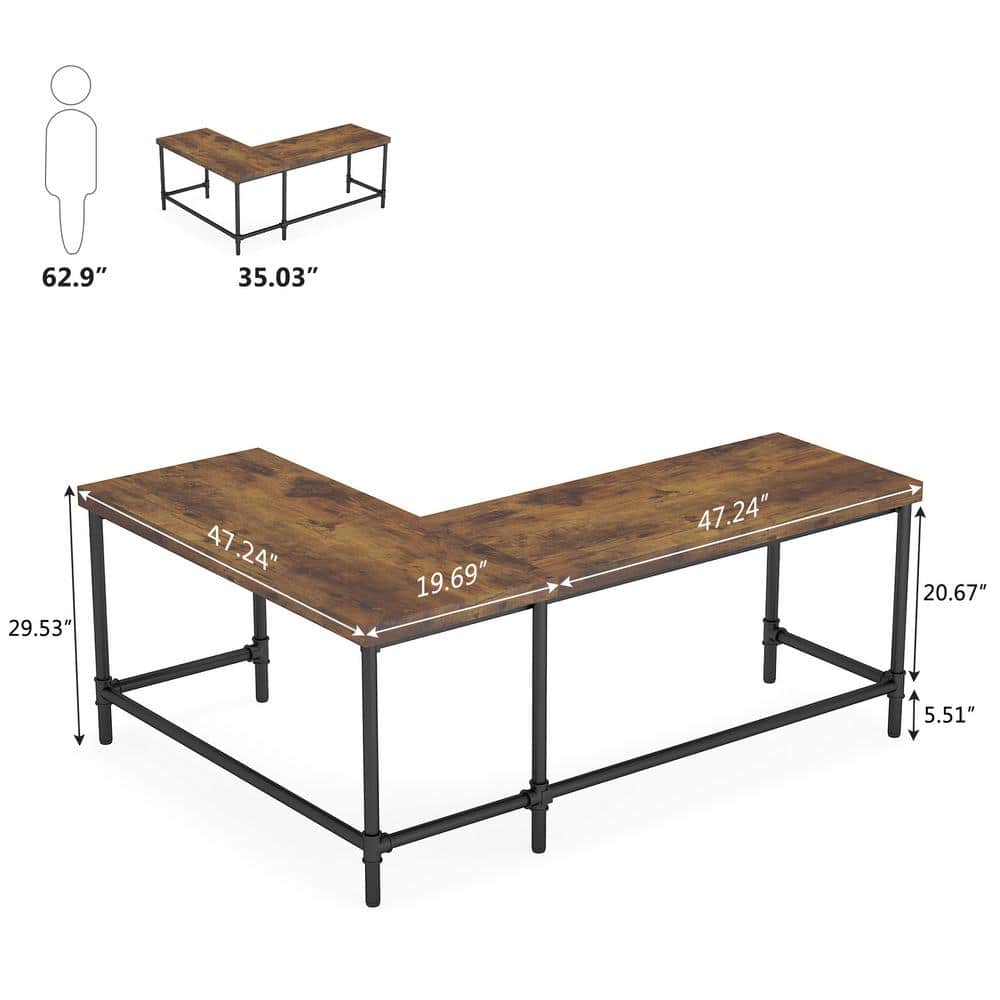 Rustic Brown L-Shaped Industrial Wood Corner Desk