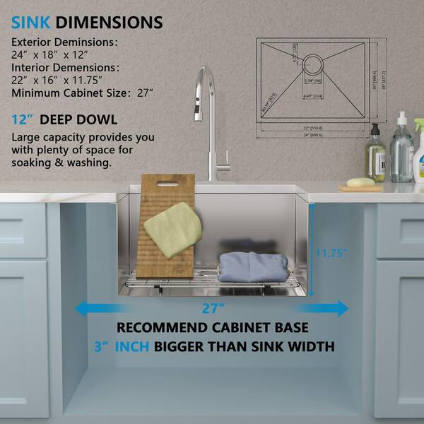 Undermount Laundry Sink 23" X 18" X 12" Single Bowl 16 Gauge Stainless Steel Deep