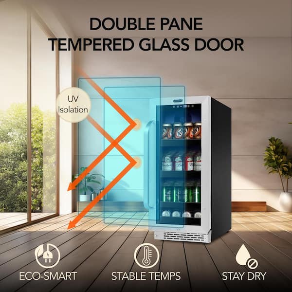 15 in. 112 12 oz. Can Built-In Beverage Fridge Cooler w/ Lock, Temp Controls, Glass Door Stainless Steel