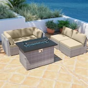 5-Piece Outdoor Wicker Patio Furniture Set with Fire Table, Beige