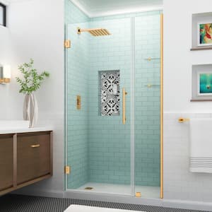 BelmoreGS 35.25 in. to 36.25 in. W x 72 in. H Frameless Hinged Shower Door with Glass Shelves in Brushed Gold