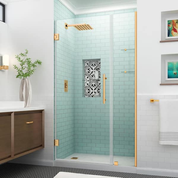 Aston BelmoreGS 48.25 in. to 49.25 in. W x 72 in. H Frameless Hinged Shower Door with Glass Shelves in Brushed Gold