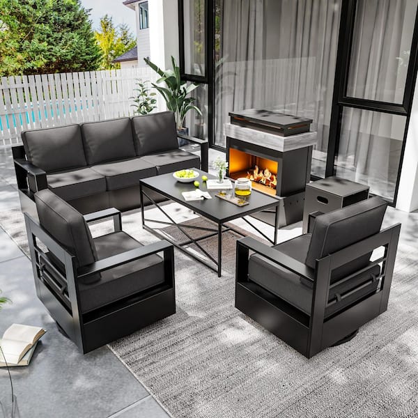 5-Piece Fire Pit Aluminum Patio Conversation Set Outdoor Rocking Swivel Glider Chair with 6 in. Gray Cushions