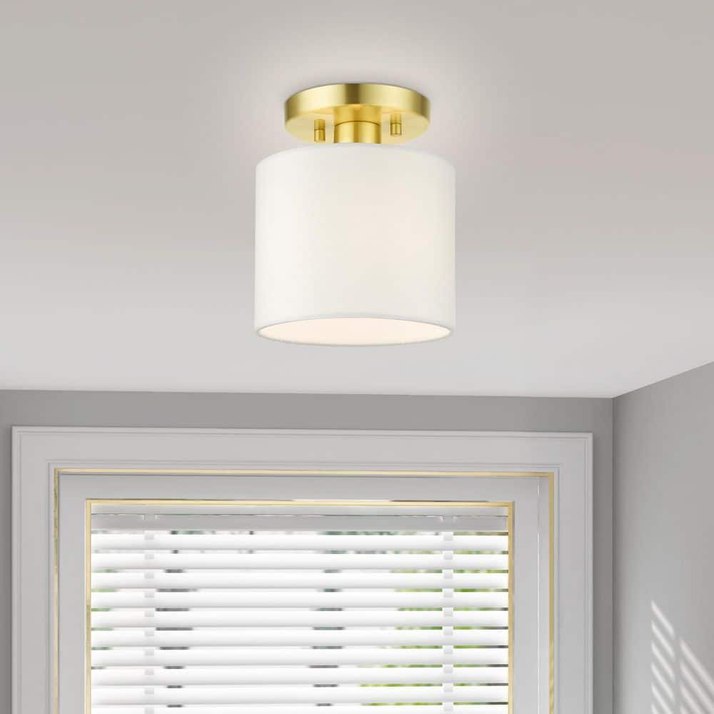 Meridian Petite Satin Brass Semi-Flush Mount with Off-White Drum Shade