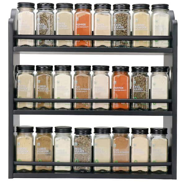 3-Tier Bamboo Black Spice Rack Organizer with Handles, Spice Storage Holder, Seasoning Jars Rack for Kitchen