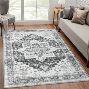 Grey 6 ft. x 9 ft. Washable Distressed Floral Vintage Persian Area Rug
