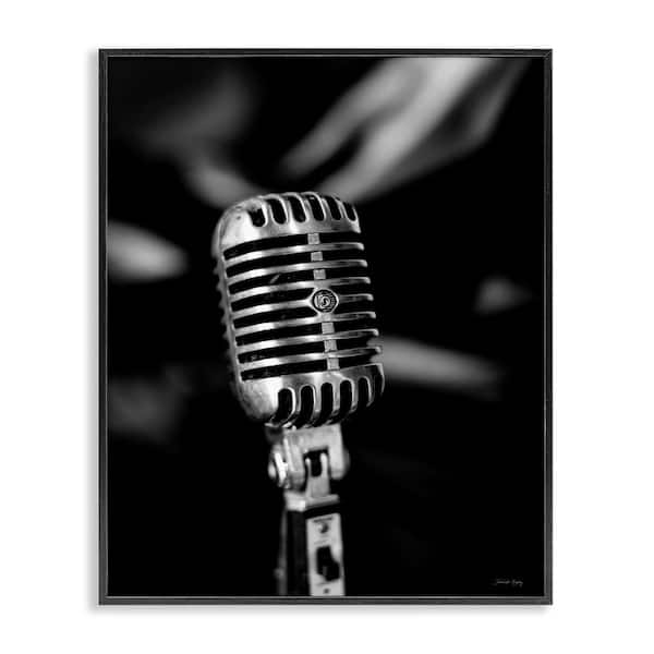 Stupell Industries Vintage Microphone on Black by Jennifer Rigsby Black Framed Music Giclee Art Print 14 in. x 11 in.