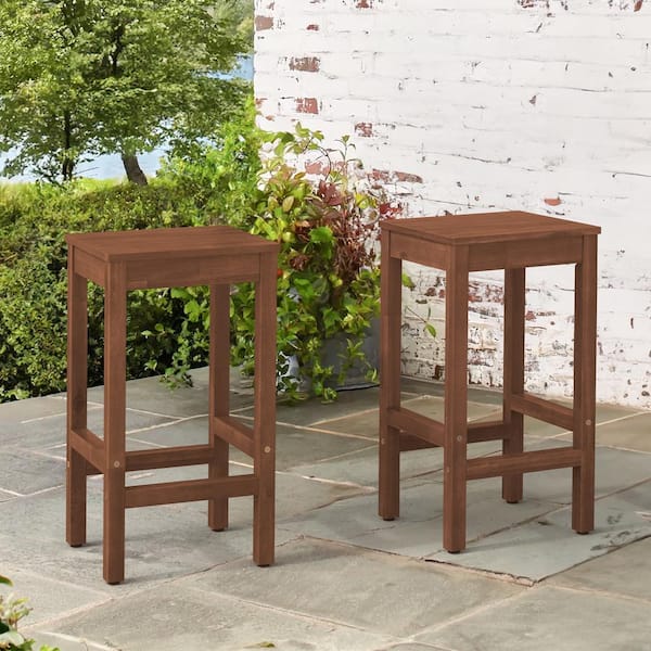 cozyman 26'' Modern Teak Brown Solid Wood Outdoor Bar Stool Saddle Counter Stool Footrest Weather-resistant Set of 2