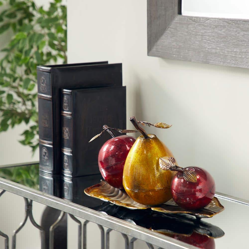 Glossy Red Apple and Yellow Pear Metal Sculpture on Leaf Tray