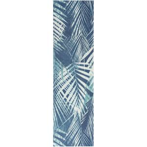 Sun N' Shade Navy 2 ft. x 8 ft. Floral Geometric Contemporary Indoor/Outdoor Kitchen Runner Area Rug
