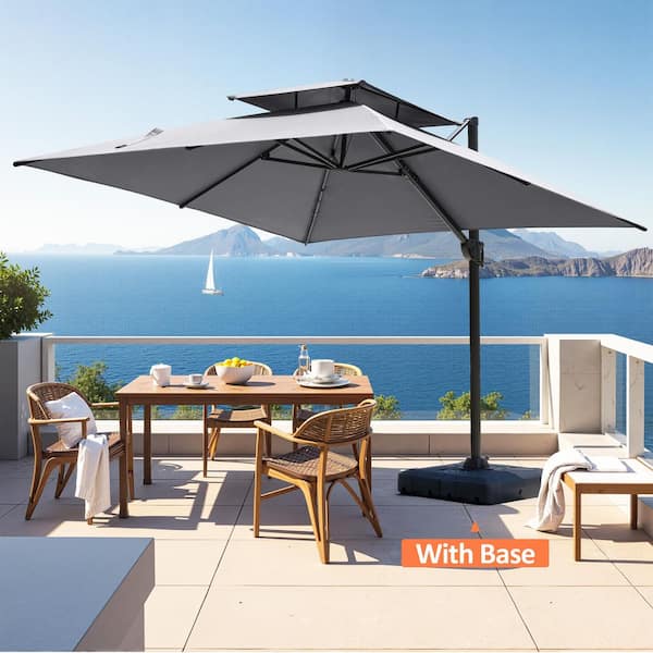 10 ft. Square Double Top 360° Rotation Aluminum Cantilever Tilt Outdoor Patio Umbrella in Dark Gray with Wheeled Base