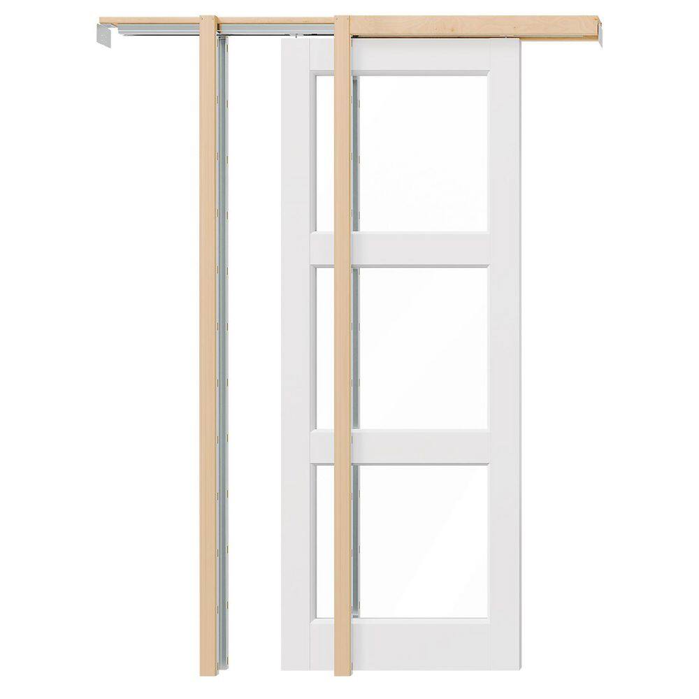 32 in. x 80 in. 3-Lite, Clear Glass, Composite, White Primed, MDF Sliding Pocket Door with Frame and Hardware Included price history on PriceWatchPro