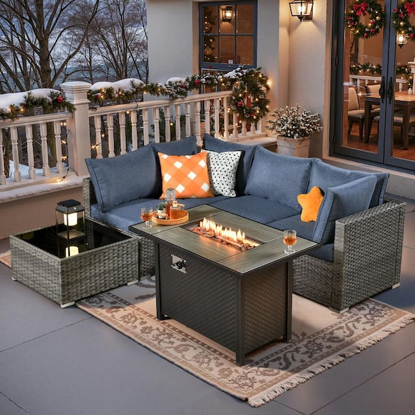 weaxty W Daffodil J Gray 6-Piece Wicker Patio Outdoor Conversation Sofa Set with Gas Fire Pit and Denim Blue Cushions