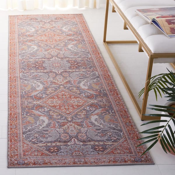 Tucson Gray/Rust 3 ft. x 8 ft. Machine Washable Border Floral Runner Rug