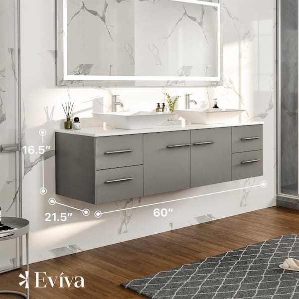 Totti Wave 60 in. W x 16 in. D x 22 in. H Double Bathroom Vanity in Gray with White Glassos Top with White Sink