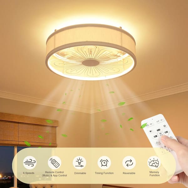 20 in. LED Smart Indoor White Low Profile Caged Enclosed Standard Flush Mount Ceiling Fan Light with Remote for Kitchen