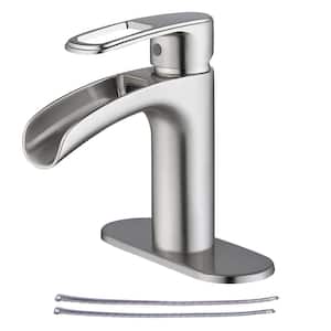 Single-Handle Waterfall Spout Single-Hole Bathroom Faucet with Deckplate and Supply Lines in Brushed Nickel