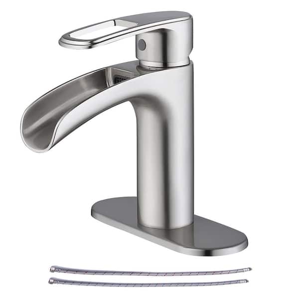 RAINLEX Single-Handle Waterfall Spout Single-Hole Bathroom Faucet with Deckplate and Supply Lines in Brushed Nickel