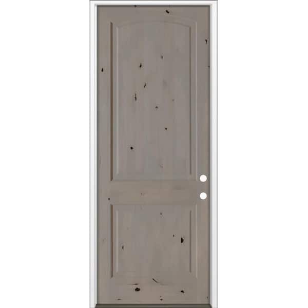 Krosswood Doors 36 in. x 96 in. Rustic Knotty Alder 2-Panel Arch Top Left-Hand/Inswing BEHR Weathered Gray Stain Wood Prehung Front Door