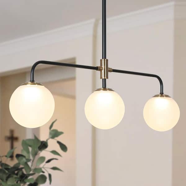 Zevni Fullur 17-Watt Integrated LED Black Island Chandelier, Adjustable Hanging Pendant with Globe Frosted Glass Shades