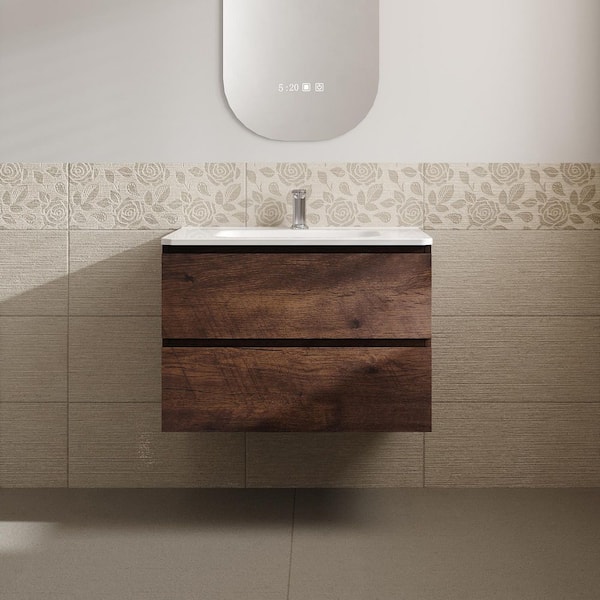 MEDUNJESS Aaby 30 in. W x 18 in. D x 21 in . H Wall Mounted Floating Bath Vanity Cabinet in Brown with White Ceramic Top and Sink