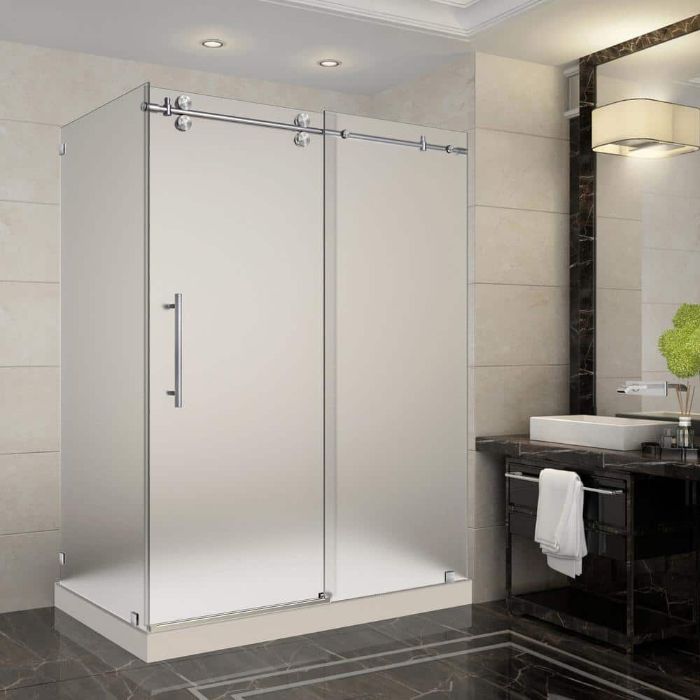 Aston Langham 60 in. x 35 in. x 77.5 in. Frameless Sliding Shower Enclosure and Frosted in Stainless Steel with Right Base -  SEN979FTRSS60R