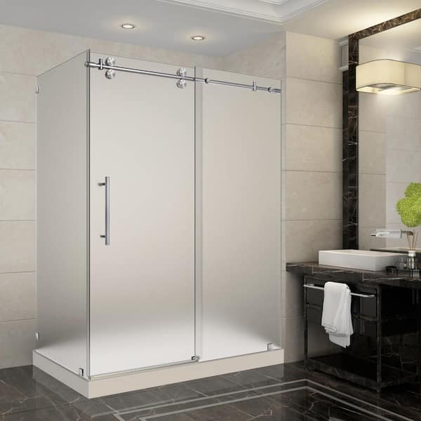 Aston Langham 60 in. x 35 in. x 77.5 in. Frameless Sliding Shower Enclosure and Frosted in Stainless Steel with Right Base