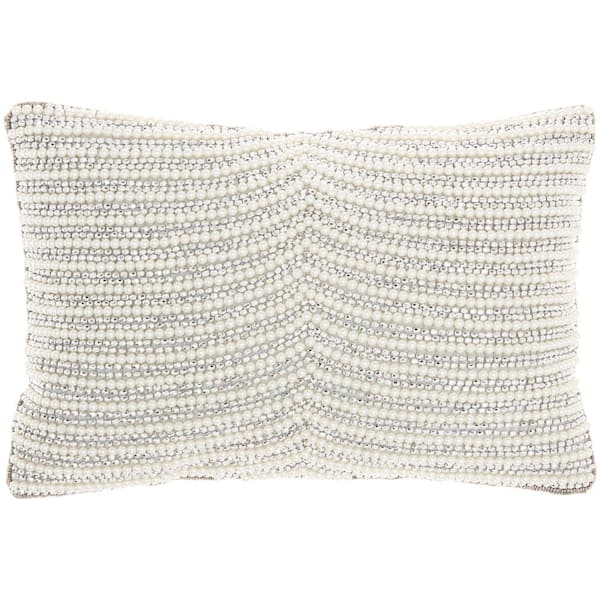 Mina Victory Luminescence Ivory and Silver Striped 14 in. x 10 in. Rectangle Throw Pillow