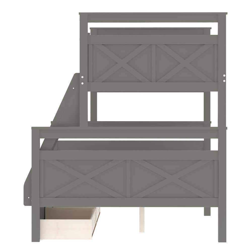 Gray Twin Over Full Pine Wood Bunk Bed with Storage Drawers