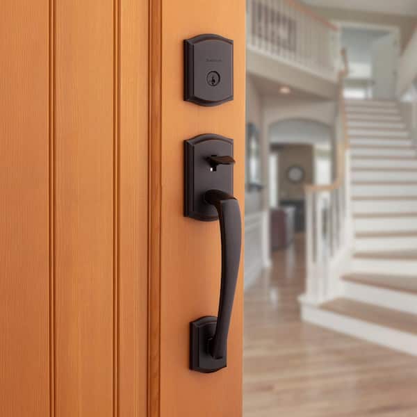 Prescott Venetian Bronze Single Cylinder Entry Door Handleset with Tustin Handle Featuring SmartKey Security