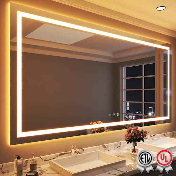 waterpar Backlit and Front Light 96 in. W x 48 in. H Rectangular Frameless Wall Bathroom Vanity Mirror