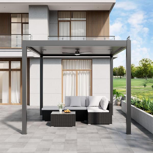 10 ft. x 13 ft. Dark Gray Aluminum Patio Pergola with Built-In Solar Panel, Ceiling Fan and Round LED Light