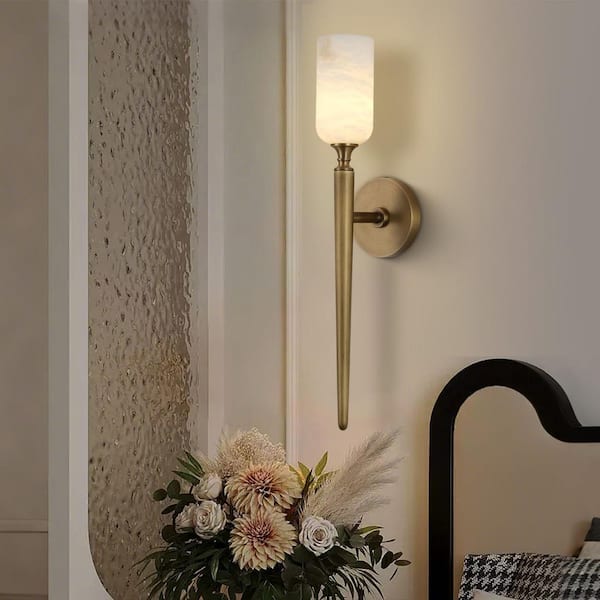 5.7 in. 1-Light Brass Dimmable LED Alabaster Wall Sconces, Natural Marble Wall Lamp, for Bedroom, Mirror, Bulb Included