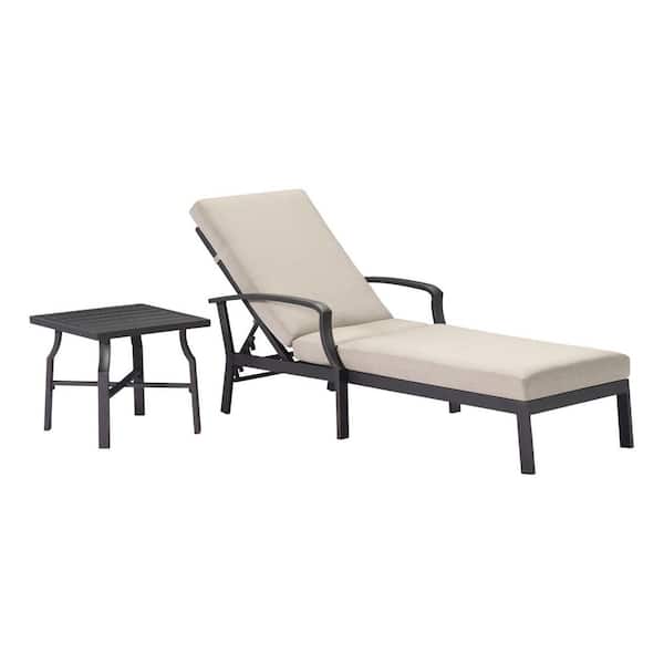 Black Aluminum 2-Piece Outdoor Patio Chaise Lounge Chair with Side Table and Cream Cushions