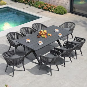 9 Piece Aluminum All-Weather PE Rattan Rectangular Outdoor Dining Set with Cushion, Grey