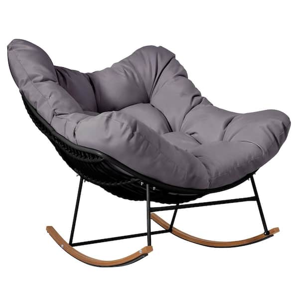 Oversized Black Wicker Outdoor Rocking Chair Deep Seat Patio Recliner Egg Chair with Gray Cushion
