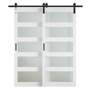 60 in. x 84 in. Bypass 5-Lite Frosted Glass White Prefinished MDF Interior Double Sliding Barn Door with Hardware Kit